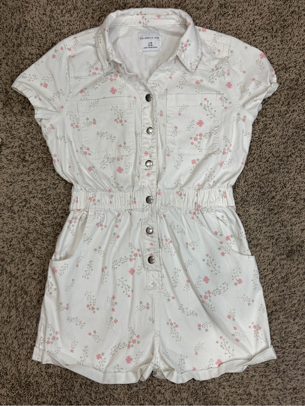 Cottage Core Celebrity Pink L White Romper with Pink Floral Print